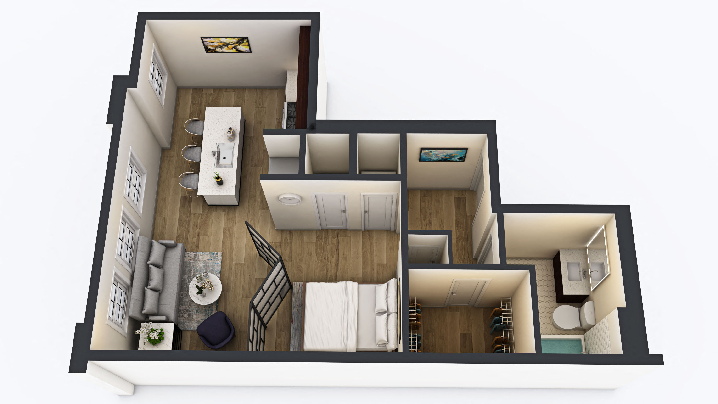 Floor plan for 1 bed, 1 bath, 640 sqft